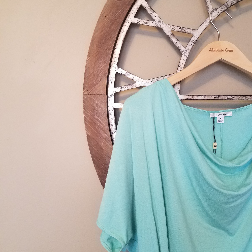 NWT Sophie Max Mint blue green Ruched Dolman short sleeved shirt Top Medium